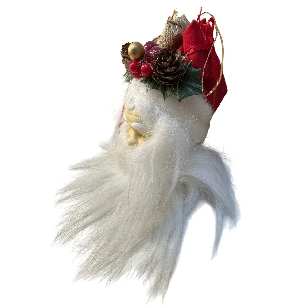 Santa Head Christmas Ornament‎ Faux Fur Beard Pinecone Berry Crown Vintage
